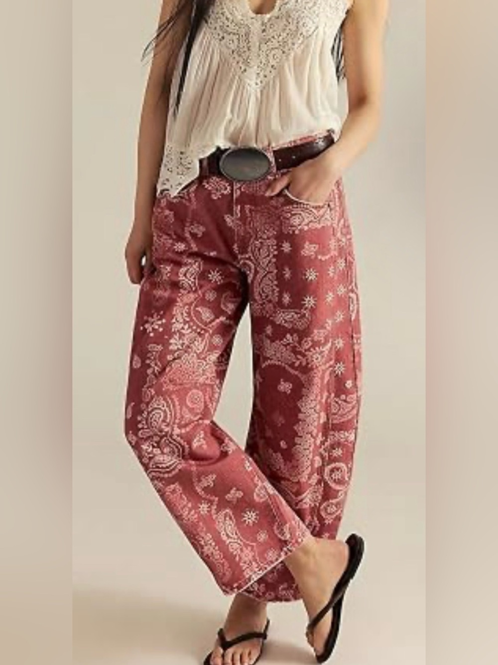Wide-Leg Patchwork Print Pants - Rust - Picture 2 of 5